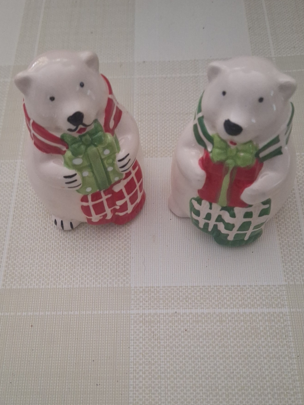 Festive Polar Bear Salt & Pepper Shaker Set - White with Red & Green